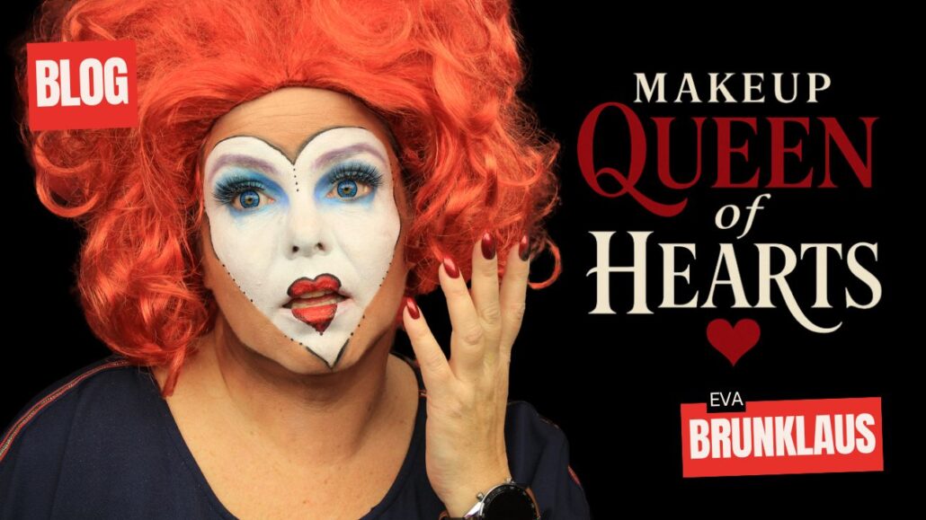 Makeup Queen of Hearts look met rode pruik en witte hartvormige basis – verkrijgbaar bij SchminkenGrime.nl