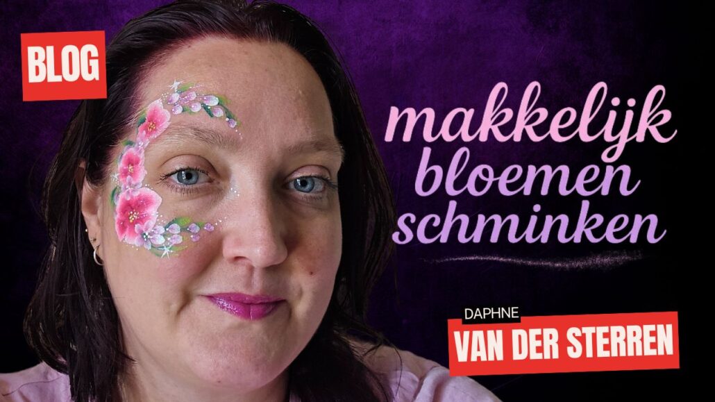 Makkelijk bloemen schminken voorbeeld met roze one-stroke bloemen, ontworpen door Daphne van der Sterren, verkrijgbaar bij SchminkenGrime.nl