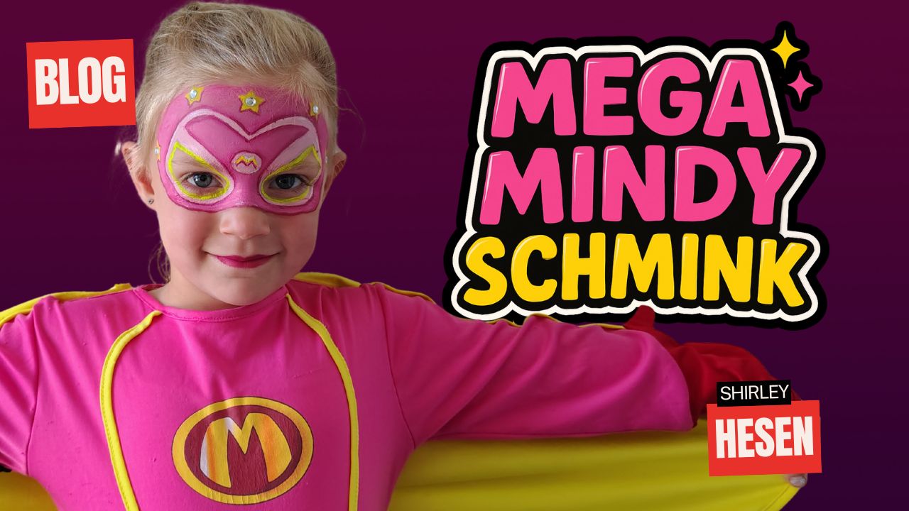 Mega Mindy schmink voorbeeld voor meisjes, kleurrijk ontwerp met roze en geel masker – verkrijgbaar bij SchminkenGrime.nl