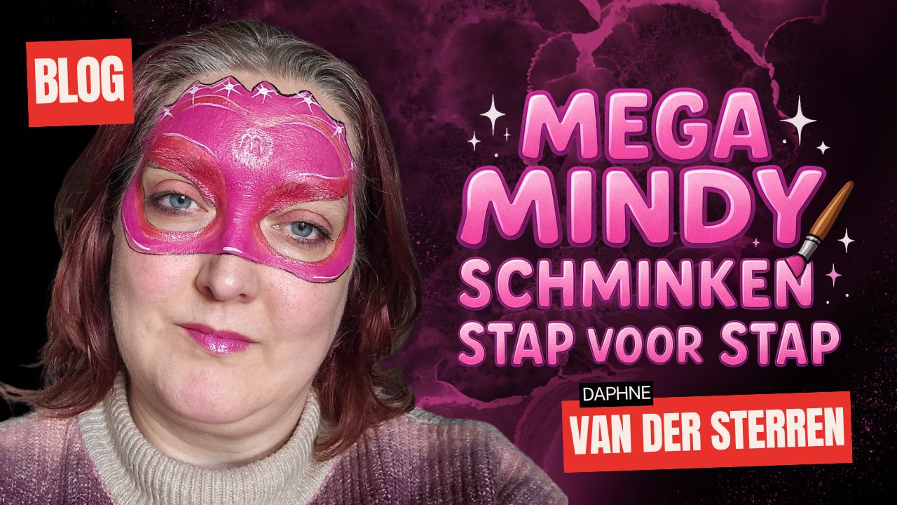 Mega Mindy schminken stap voor stap met roze masker en lipgloss, voorbeeld door Daphne van der Sterren, verkrijgbaar bij SchminkenGrime.nl