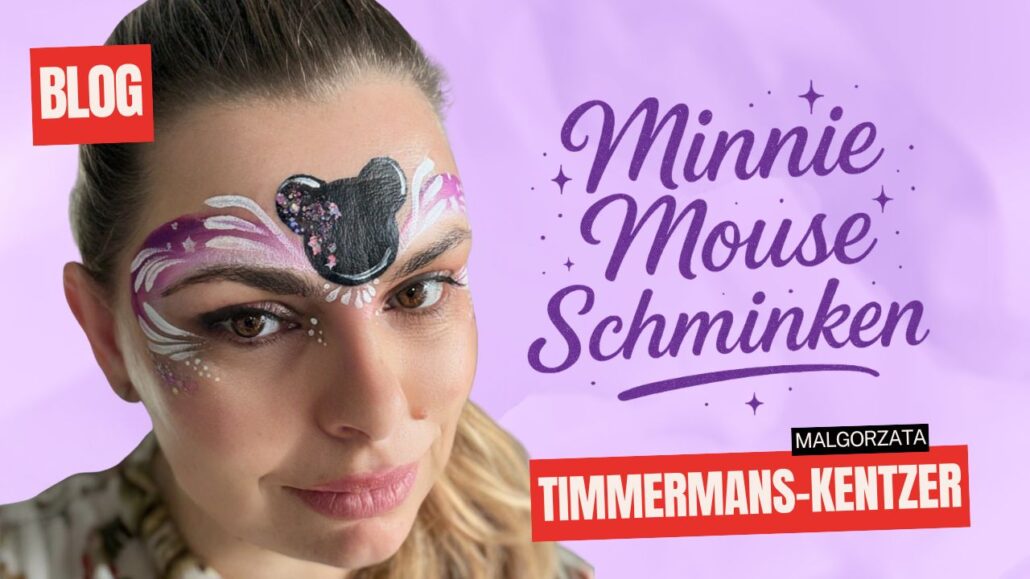 Minnie Mouse schmink voorbeeld met paarse details, ontworpen door Malgorzata Timmermans-Kentzer, verkrijgbaar bij SchminkenGrime.nl