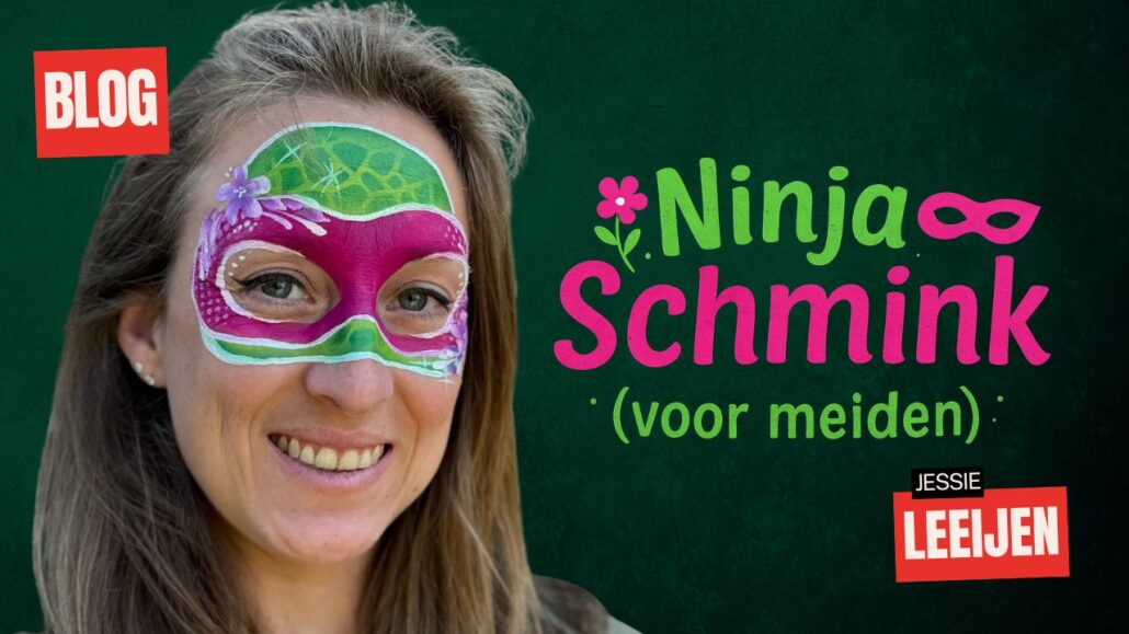 Ninja schmink voorbeeld voor meiden met bloemen en maskerdesign, verkrijgbaar bij SchminkenGrime.nl