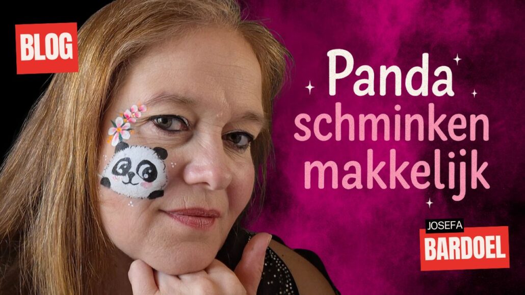 Panda schminkvoorbeeld met bloemen op de wang, ideaal voor beginners, verkrijgbaar bij SchminkenGrime.nl