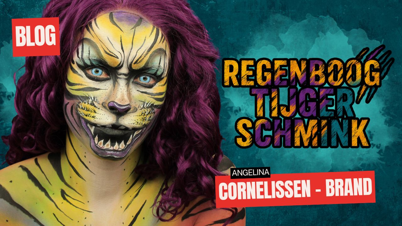 regenboog-tijger-schmink-schminkengrime Regenboog tijger schmink look door Angelina Cornelissen, kleurrijke schmink voor gevorderden, voorbeeld van SchminkenGrime.nl