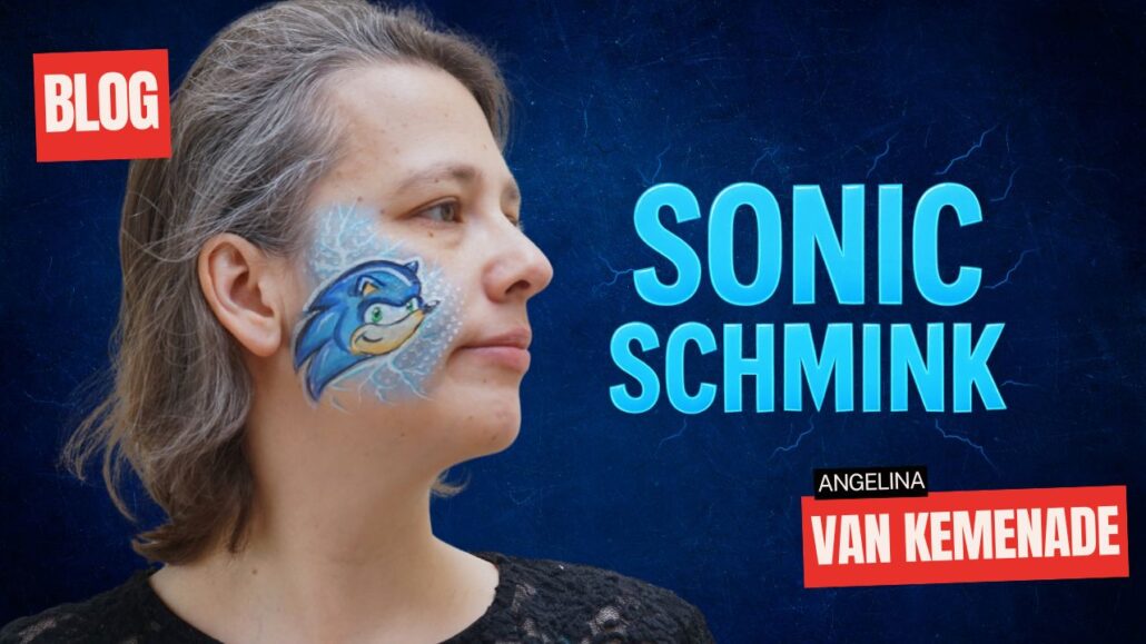 Sonic schmink voorbeeld op de wang, stap voor stap uitgelegd, verkrijgbaar bij SchminkenGrime.nl