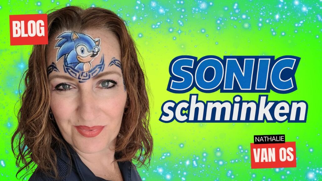 Sonic schminken voorbeeld met tribal design, gemaakt door Nathalie van Os, verkrijgbaar bij SchminkenGrime.nl