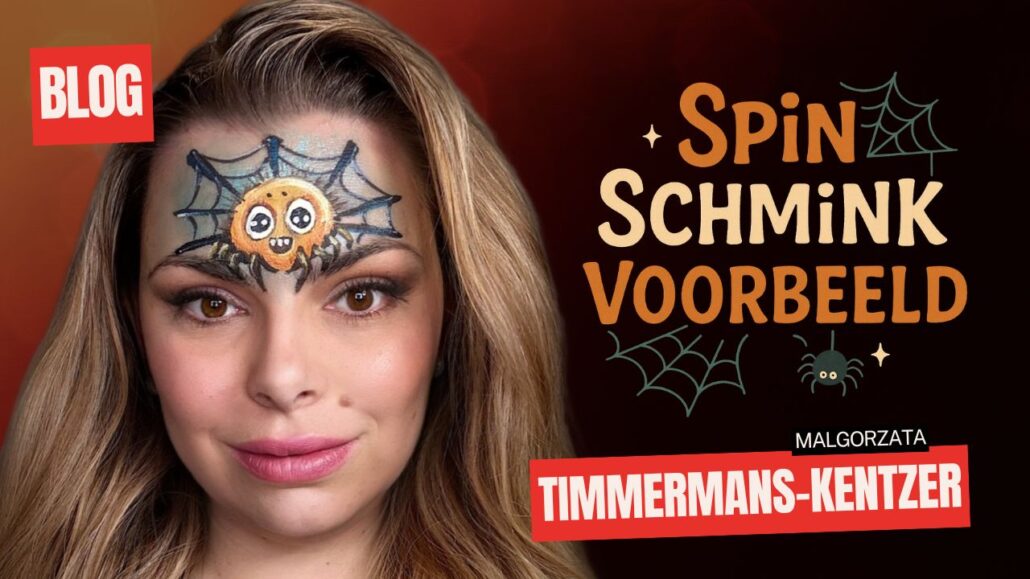 Lucas spin schmink voorbeeld voor Halloween, vrolijke kindergrime met web en grote ogen, verkrijgbaar bij SchminkenGrime.nl