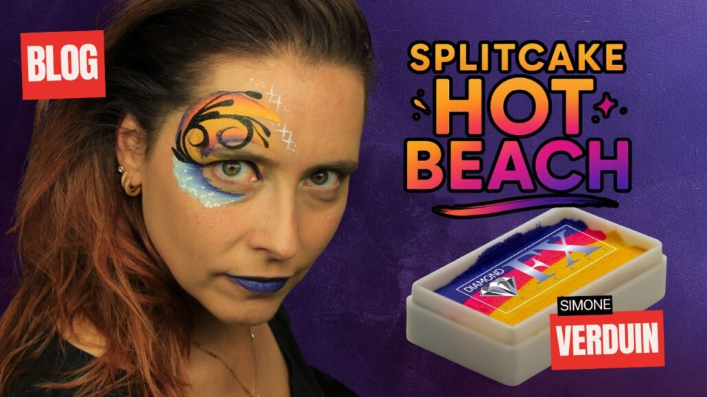 Simone Verduin met schminkontwerp gemaakt met Splitcake Hot Beach van Diamond FX, verkrijgbaar bij SchminkenGrime.nl