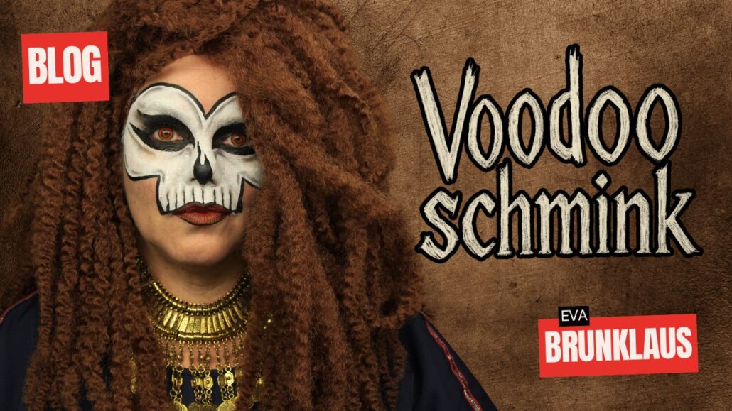 Voodoo schmink voorbeeld voor Halloween met skull design, verkrijgbaar bij SchminkenGrime.nl