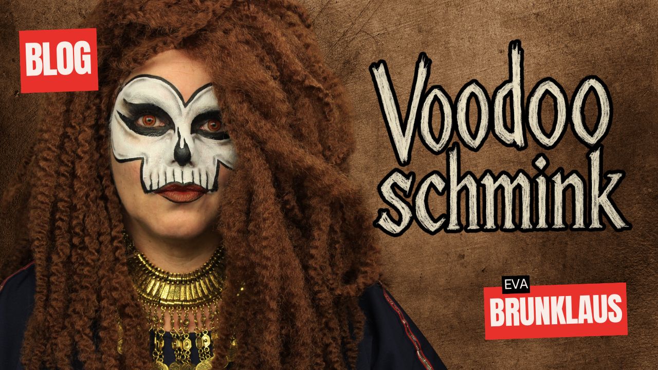 voodoo-schmink-halloween-schminkengrime Voodoo schmink voorbeeld voor Halloween met skull design, verkrijgbaar bij SchminkenGrime.nl