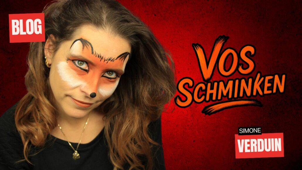 Vos schmink voorbeeld met oranje en witte schmink, gemaakt door Simone Verduin, verkrijgbaar bij SchminkenGrime.nl