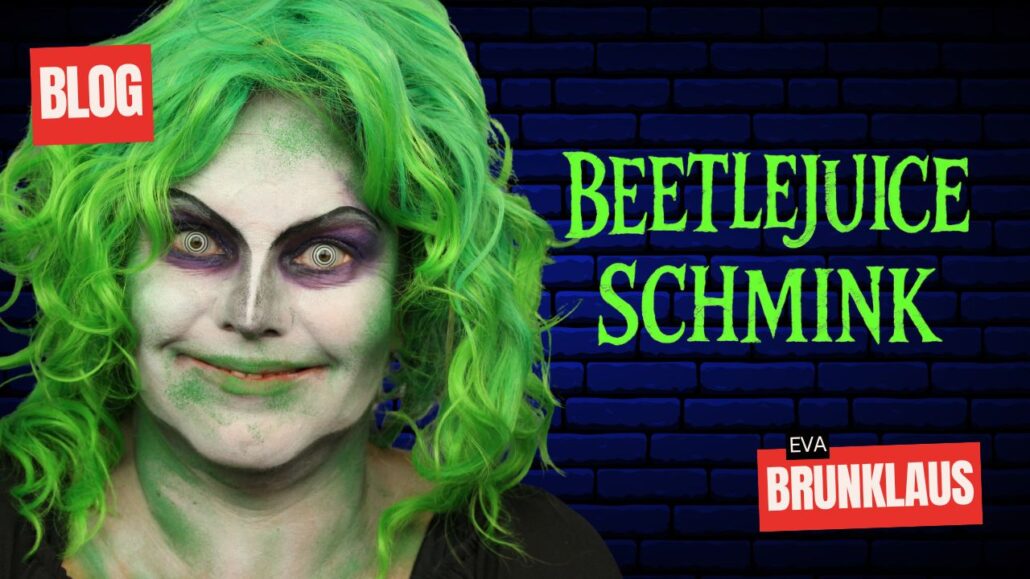 Beetlejuice schmink look met groene pruik en dramatische make-up, stap-voor-stap uitgelegd, verkrijgbaar bij SchminkenGrime.nl