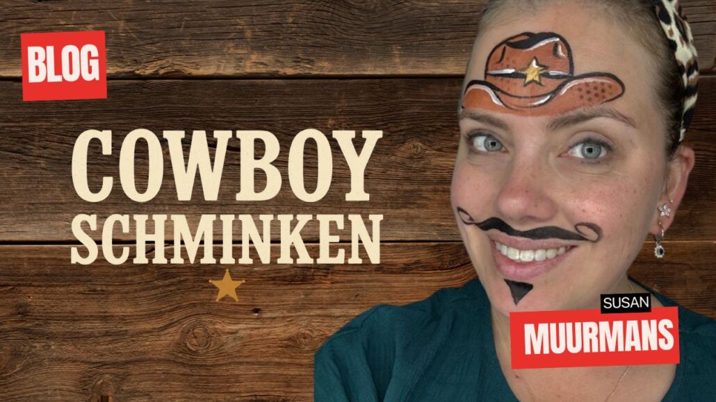 Cowboy schminken voorbeeld met hoed, snor en baard, stap voor stap uitgelegd, verkrijgbaar bij SchminkenGrime.nl