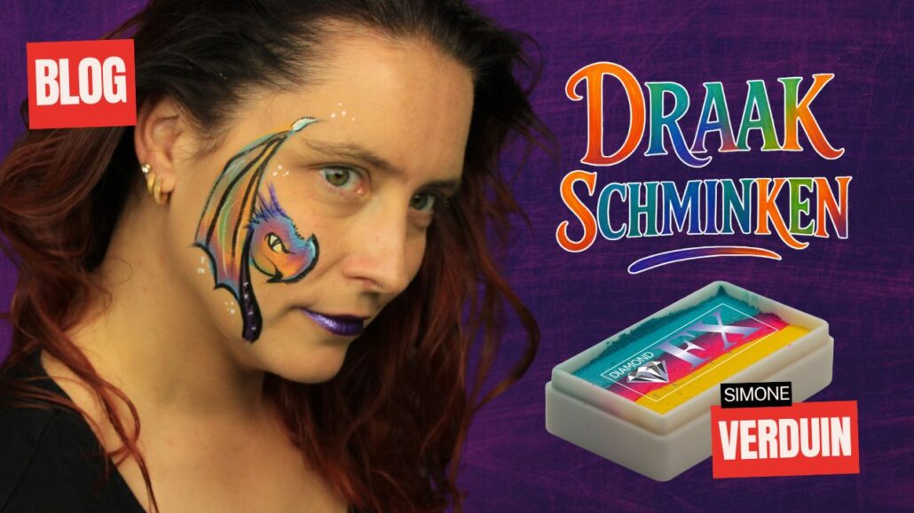 Draak schminken met Splitcake Hawaiian Cocktail van Diamond FX – kleurrijk schminkvoorbeeld, verkrijgbaar bij SchminkenGrime.nl