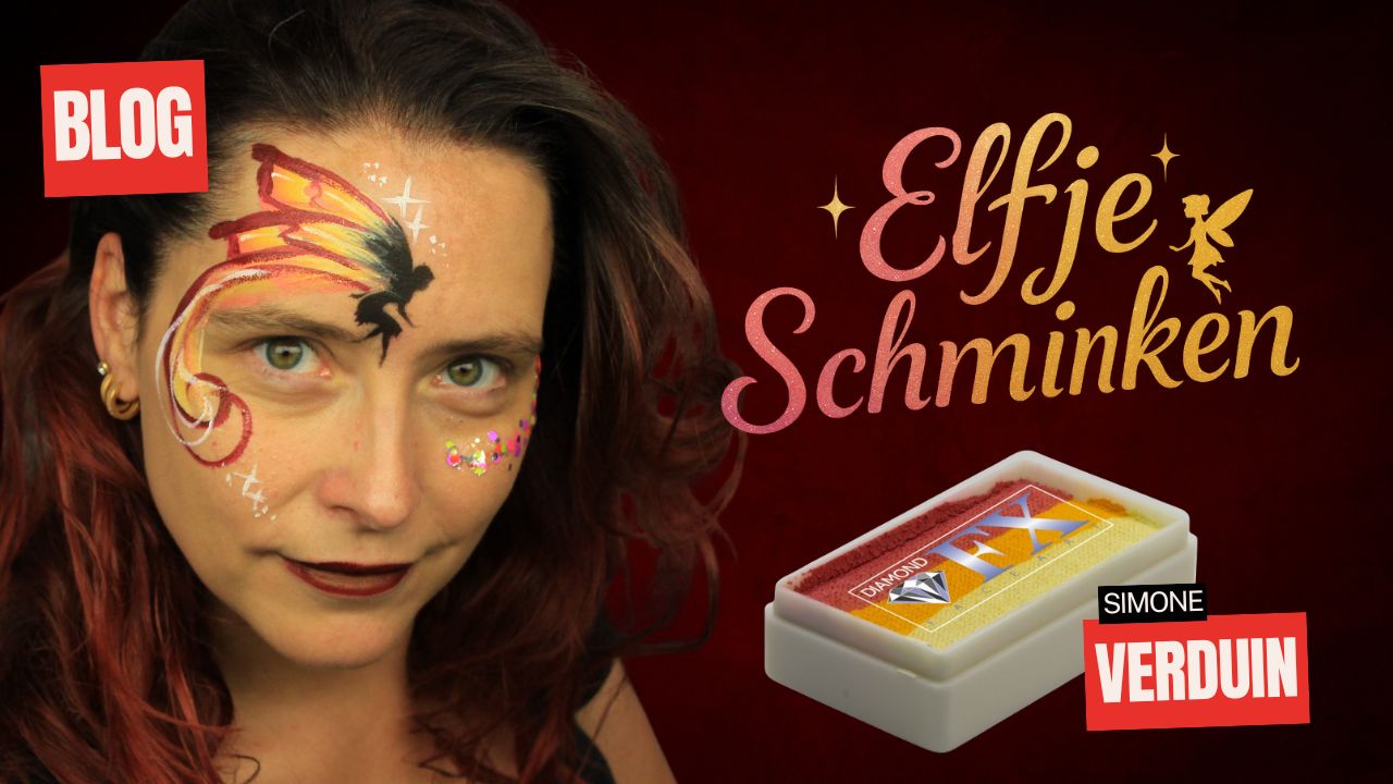 Elfje schminken met kleurrijke vleugels, glitter en Diamond FX splitcake, verkrijgbaar bij SchminkenGrime.nl