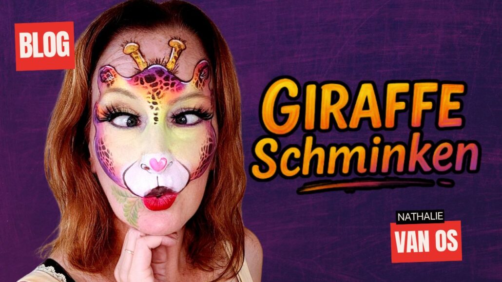 Giraffe schminken stap voor stap voorbeeld met kleurrijk gezicht, alle schminkmaterialen verkrijgbaar bij SchminkenGrime.nl