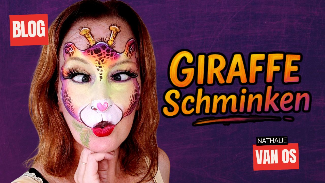 Giraffe schminken stap voor stap voorbeeld met kleurrijk gezicht, alle schminkmaterialen verkrijgbaar bij SchminkenGrime.nl