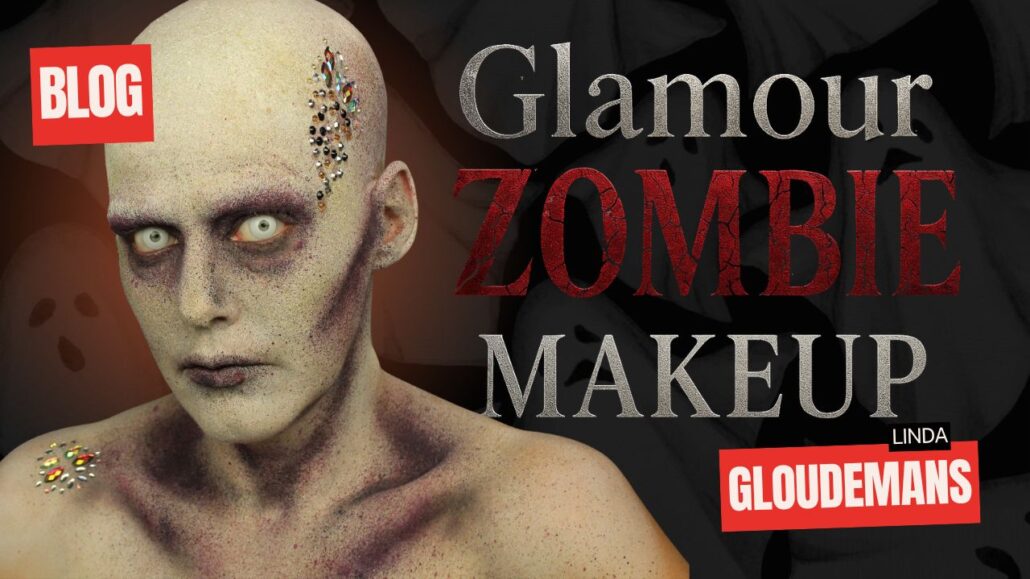 Glamour Zombie Makeup tutorial met rhinestones en bald cap, Halloween look – verkrijgbaar bij SchminkenGrime.nl