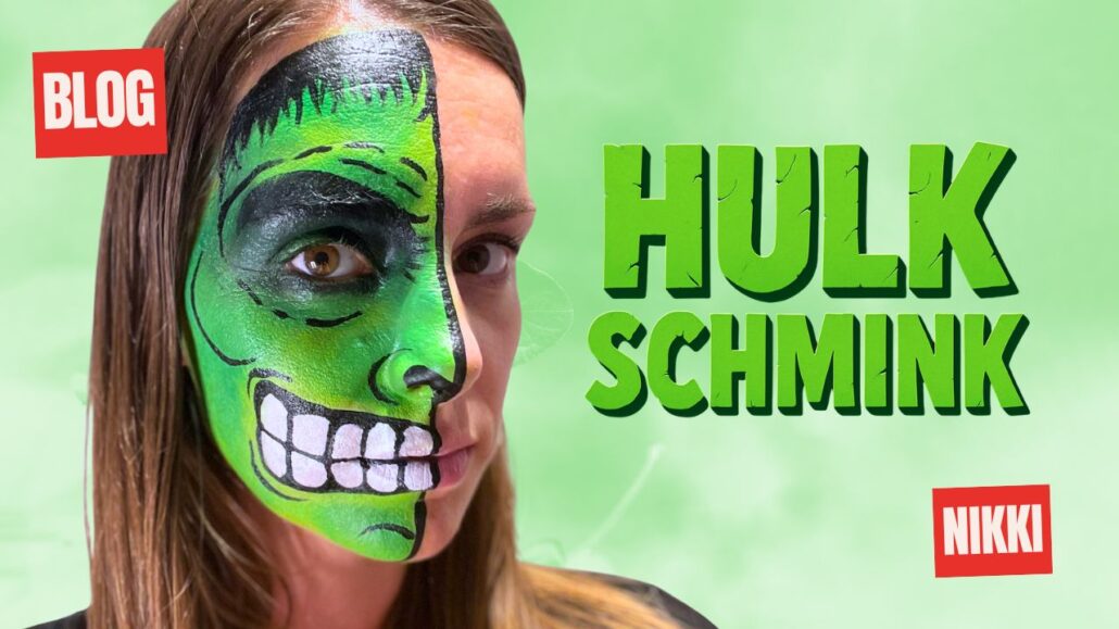 Hulk schmink voorbeeld met halve gezichtslook, stap-voor-stap uitgelegd, verkrijgbaar bij SchminkenGrime.nl