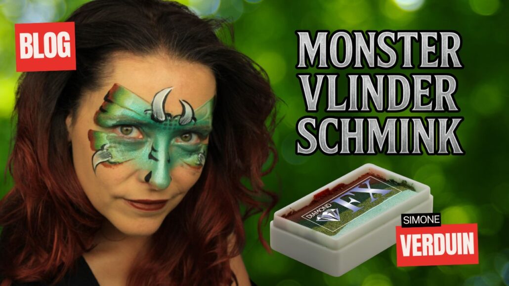 Monster vlinder schmink voorbeeld met groene vlindervleugels en hoorns, stap voor stap uitgelegd, verkrijgbaar bij SchminkenGrime.nl