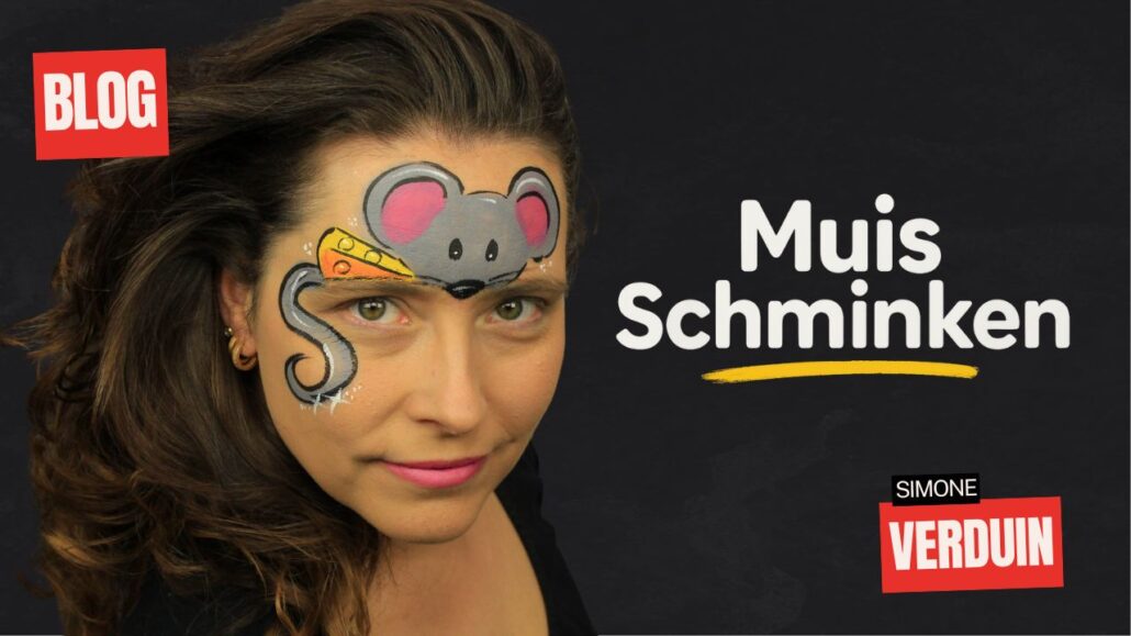 Muis schminken voorbeeld met kaas en staart, stap voor stap te leren via SchminkenGrime.nl