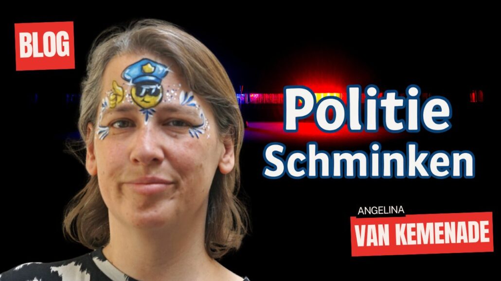 Politie schminken voorbeeld met smiley design op het voorhoofd, stap voor stap uitgelegd, verkrijgbaar bij SchminkenGrime.nl