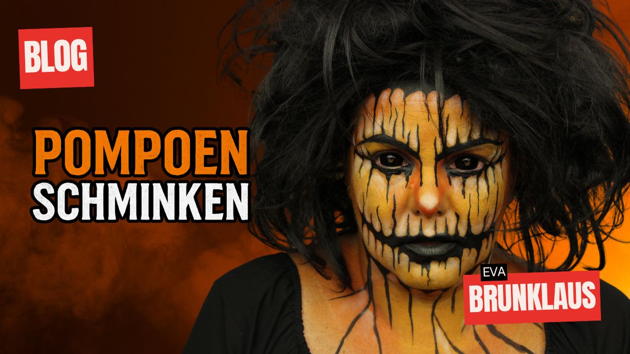Pompoen schminken Halloween look met zwarte details en oranje basis, stap voor stap uitgelegd door Eva Brunklaus, verkrijgbaar bij SchminkenGrime.nl