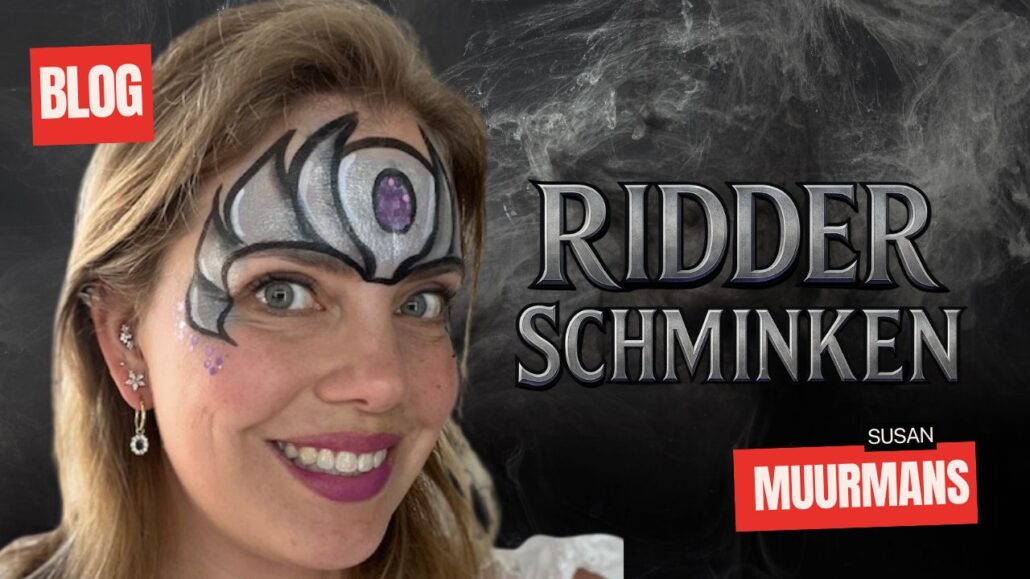 Ridder schminken met zilveren helm en paars juweel, stoer schminkvoorbeeld voor kinderen, verkrijgbaar bij SchminkenGrime.nl