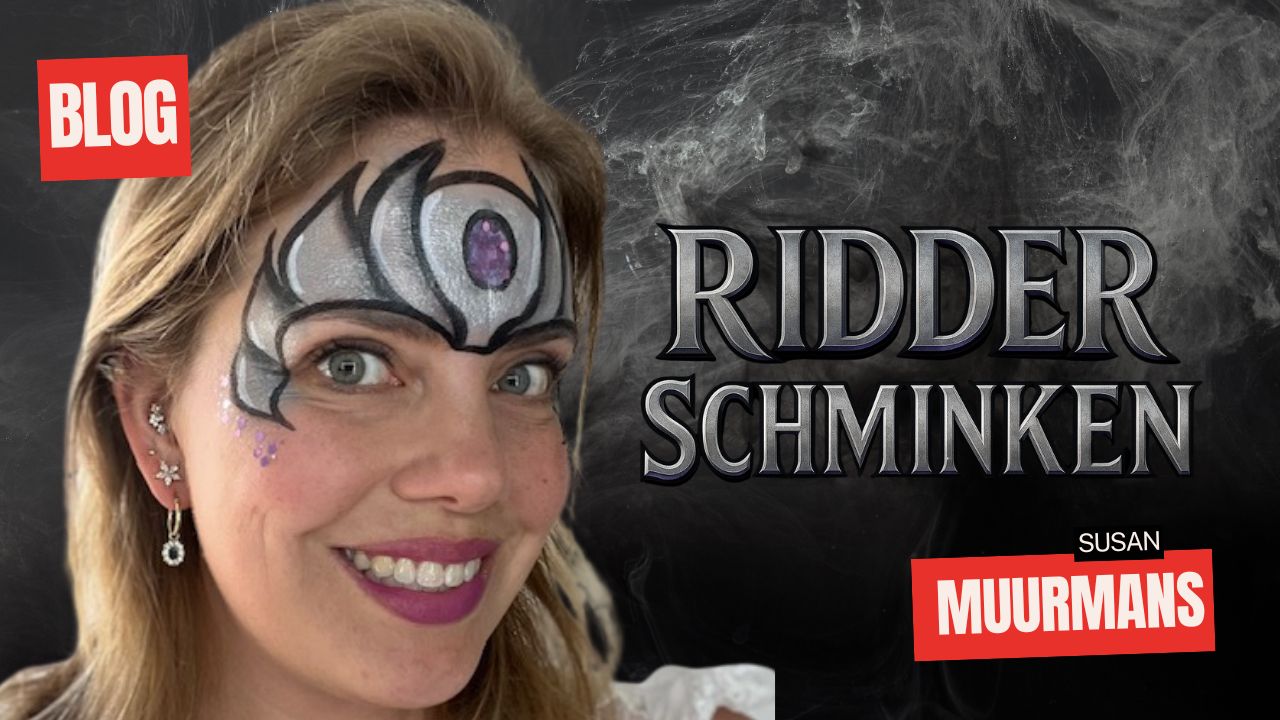 Ridder schminken met zilveren helm en paars juweel, stoer schminkvoorbeeld voor kinderen, verkrijgbaar bij SchminkenGrime.nl