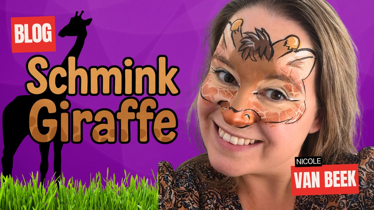 Schmink Giraffe banner met gezichtsmasker ontwerp van Nicole van Beek, verkrijgbaar bij SchminkenGrime.nl