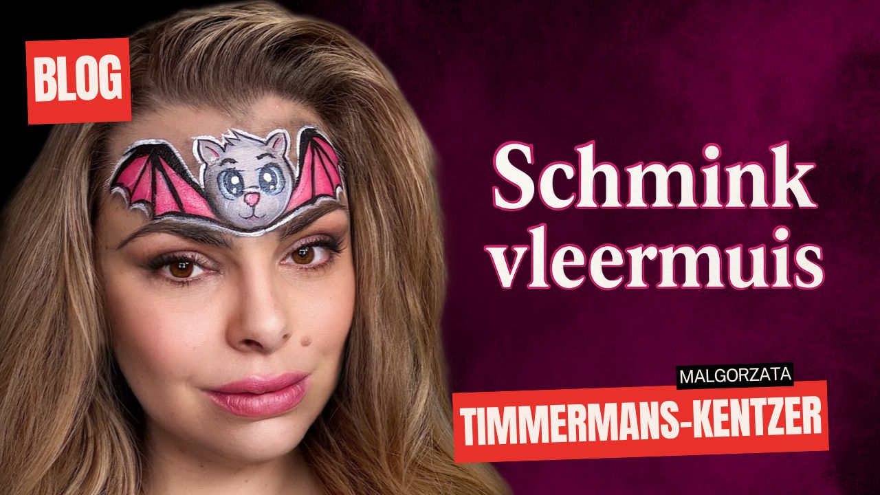 Schmink vleermuis voorbeeld op het voorhoofd, stap voor stap uitleg en materialen verkrijgbaar bij SchminkenGrime.nl