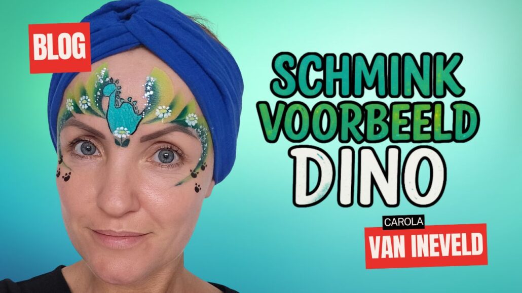 Schmink voorbeeld dino met sjabloon en groene bloemen, gemaakt door Carola van Ineveld – verkrijgbaar bij SchminkenGrime.nl