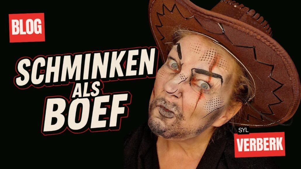Schminken als boef voorbeeld met pop art effect, stap voor stap uitgelegd, verkrijgbaar bij SchminkenGrime.nl