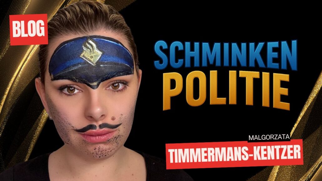 Politie schmink voorbeeld met pet, embleem, snor en stoppels, gemaakt door Malgorzata Timmermans-Kentzer, verkrijgbaar bij SchminkenGrime.nl