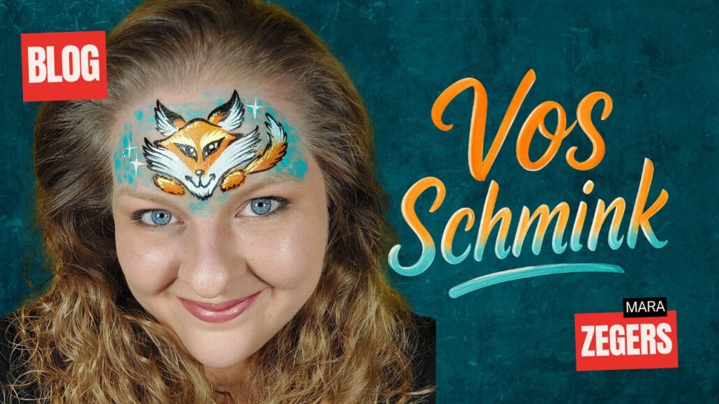 Vos schmink voorbeeld met vrolijk vosontwerp op voorhoofd, schmink tips en materialen verkrijgbaar bij SchminkenGrime.nl