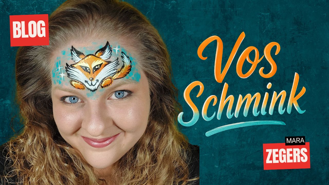 Vos schmink voorbeeld met vrolijk vosontwerp op voorhoofd, schmink tips en materialen verkrijgbaar bij SchminkenGrime.nl