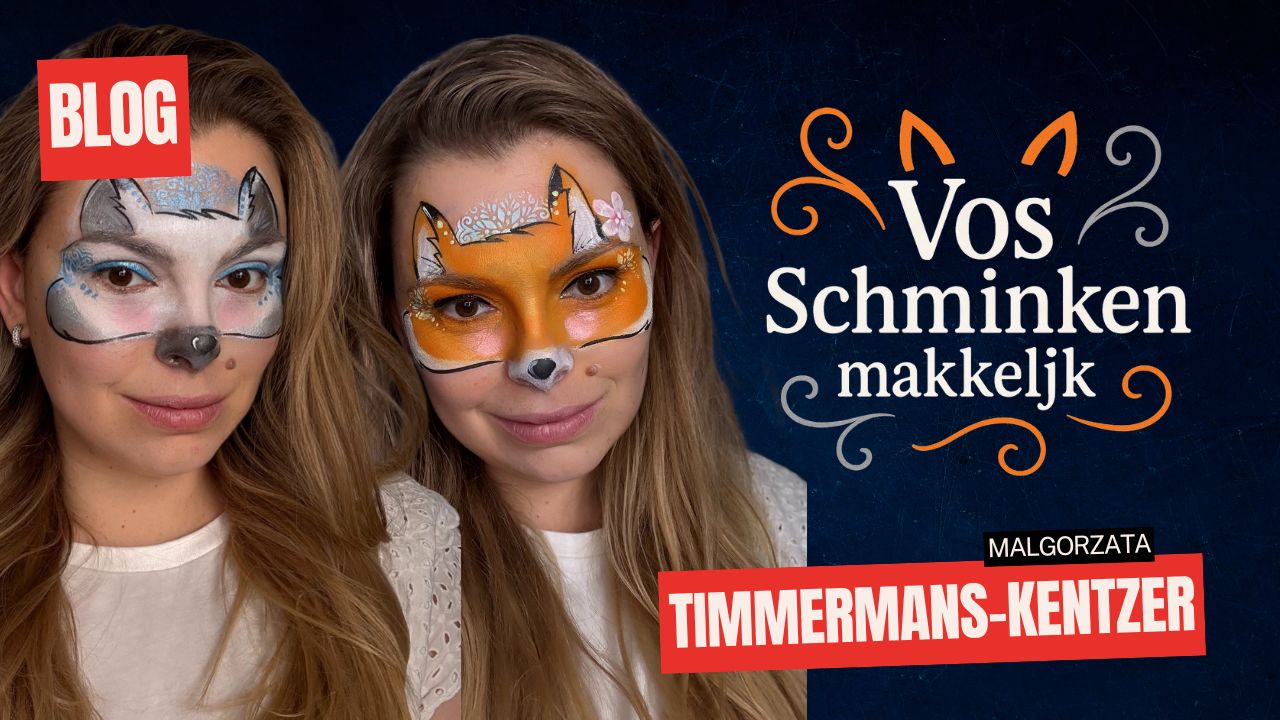 Vos schminken makkelijk – twee varianten poolvos en oranje vos stap voor stap, verkrijgbaar bij SchminkenGrime.nl