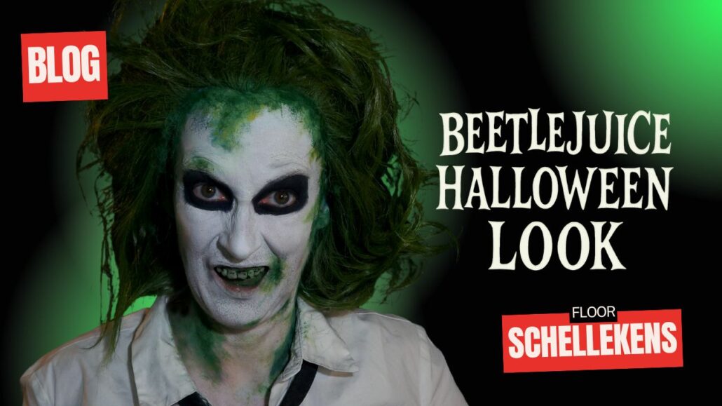 Beetlejuice Halloween Look schmink voorbeeld met groene pruik en witte basis, stap voor stap uitgelegd, verkrijgbaar bij SchminkenGrime.nl