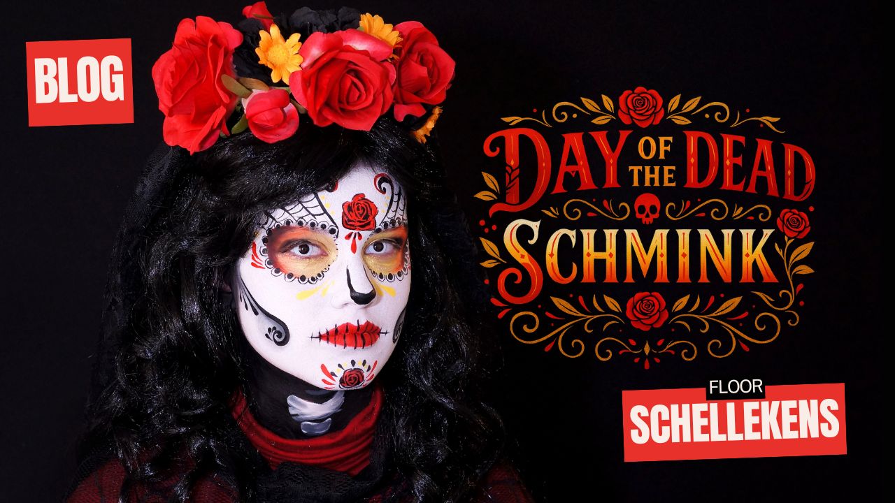 Day of the Dead schmink voorbeeld sugar skull look met bloemenkrans, verkrijgbaar bij SchminkenGrime.nl