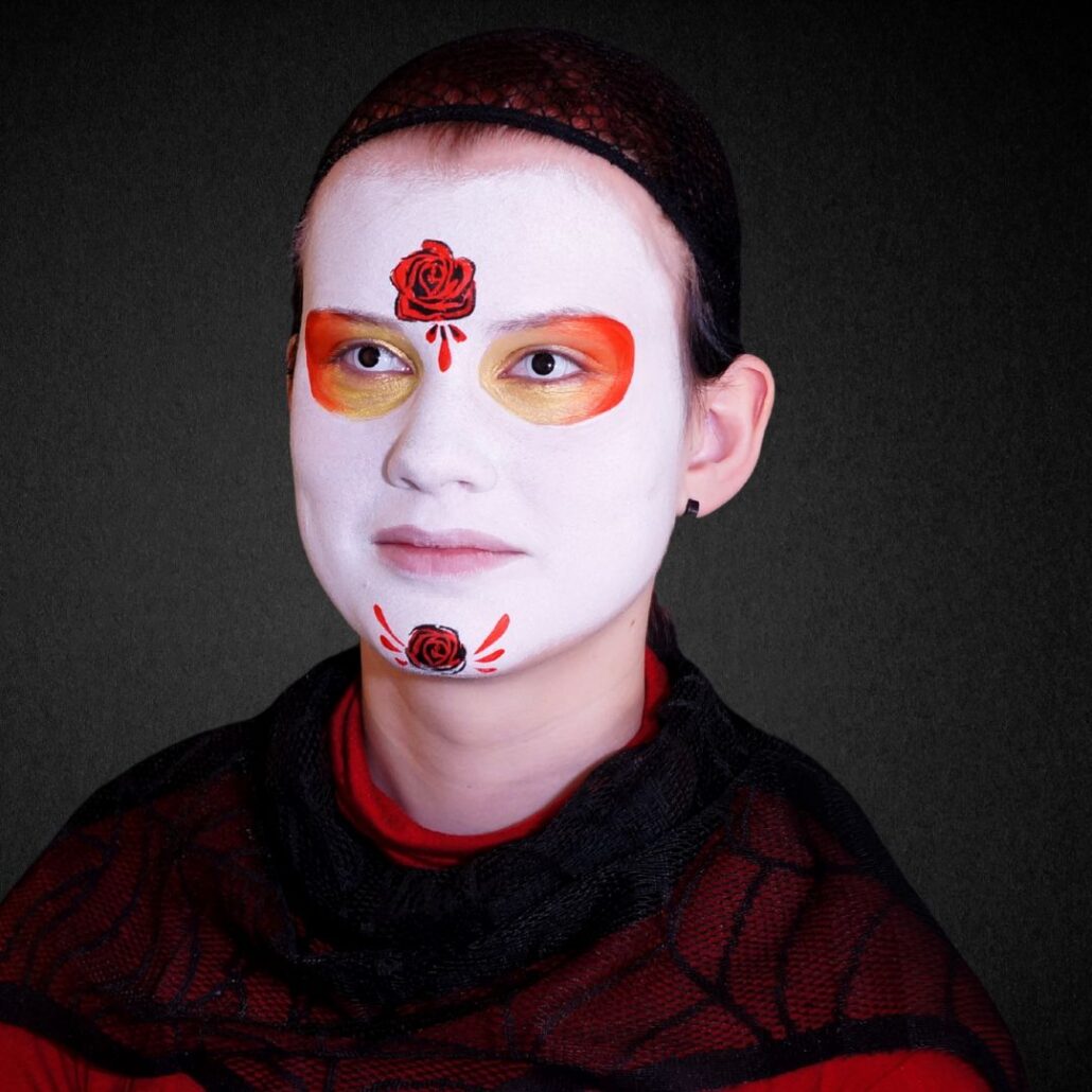 Roos op voorhoofd bij Day of the Dead schmink, verkrijgbaar bij SchminkenGrime.nl