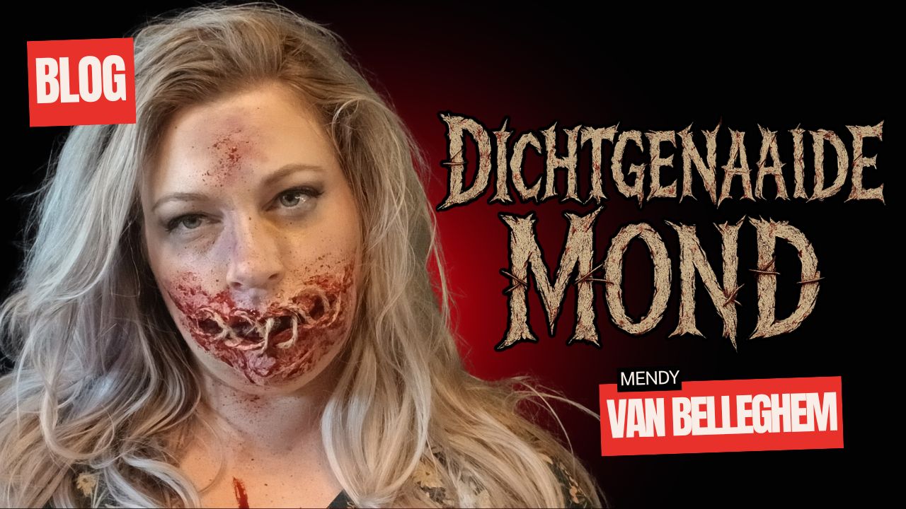 Dichtgenaaide mond schmink voorbeeld voor Halloween make-up, stap voor stap uitgelegd, verkrijgbaar bij SchminkenGrime.nl