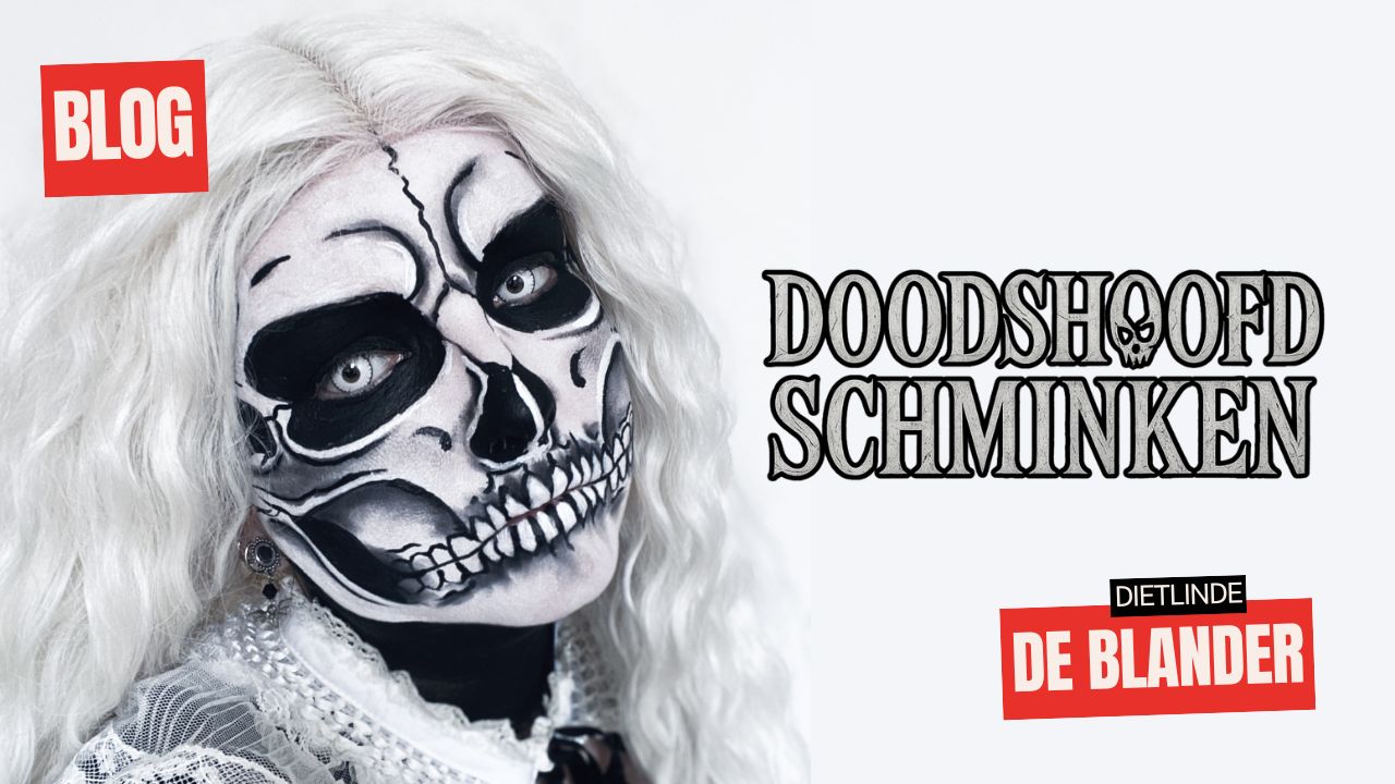 Doodshoofd schminken voorbeeld voor Halloween, stap-voor-stap uitgelegd, verkrijgbaar bij SchminkenGrime.nl