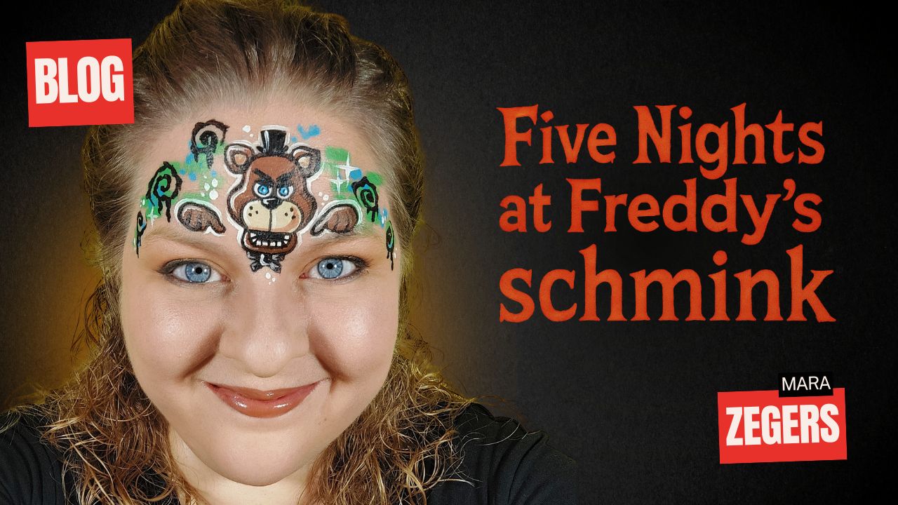 Five Nights at Freddy's schmink voorbeeld met Freddy Fazbear, Halloween facepaint door Mara Zegers, verkrijgbaar bij SchminkenGrime.nl