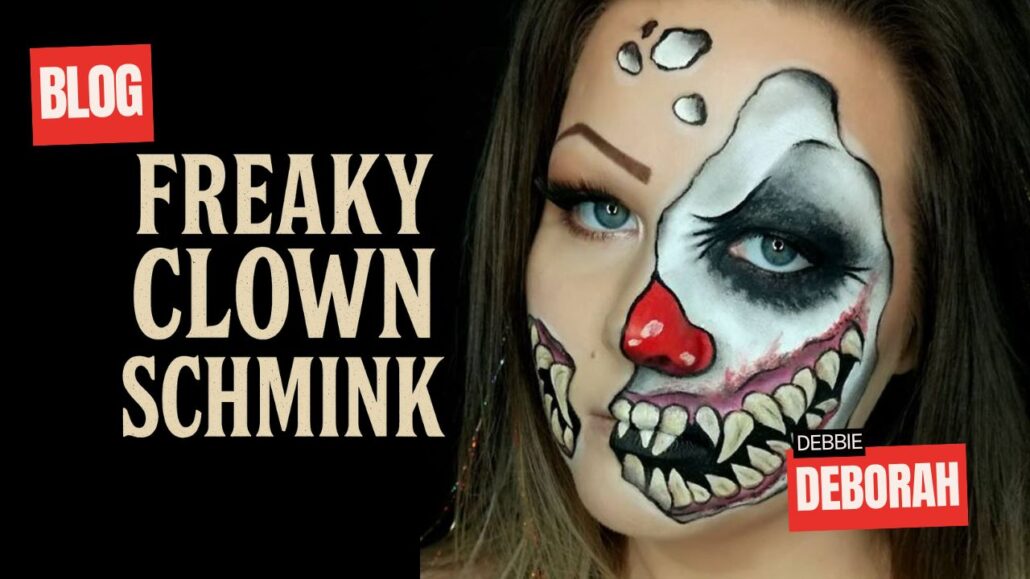 Freaky Clown schmink Halloween look met tanden en rode neus, voorbeeld door Debbie, verkrijgbaar bij SchminkenGrime.nl