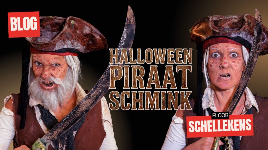 Halloween piraat schmink met realistische verbrande huid en piratenlook, gemaakt door Floor Schellekens, verkrijgbaar bij SchminkenGrime.nl