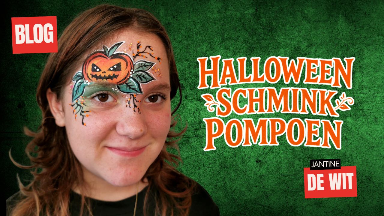 Halloween schmink pompoen voorbeeld met kindvriendelijke gezichtsschmink, vrolijk en griezelig ontwerp voor Halloween, verkrijgbaar bij SchminkenGrime.nl
