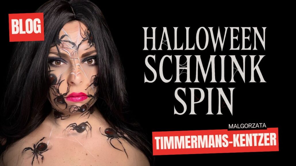 Halloween schmink spin met spinnenweb en kruipende spinnen over gezicht en hals, voorbeeld van SchminkenGrime.nl