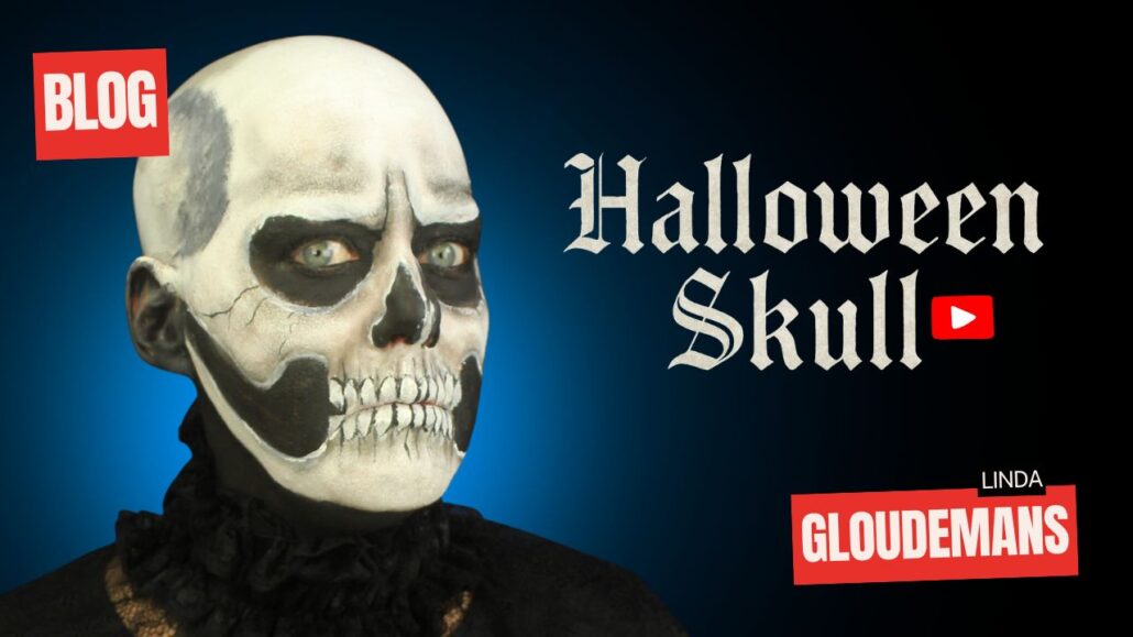 Halloween Skull schmink voorbeeld met schedel make-up, stap voor stap uitgelegd, verkrijgbaar bij SchminkenGrime.nl