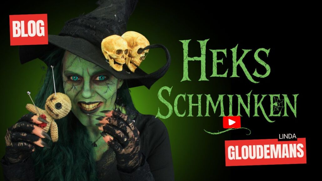 Heks schminken stap voor stap met groene schmink en accessoires, voorbeeld door Linda Gloudemans, verkrijgbaar bij SchminkenGrime.nl