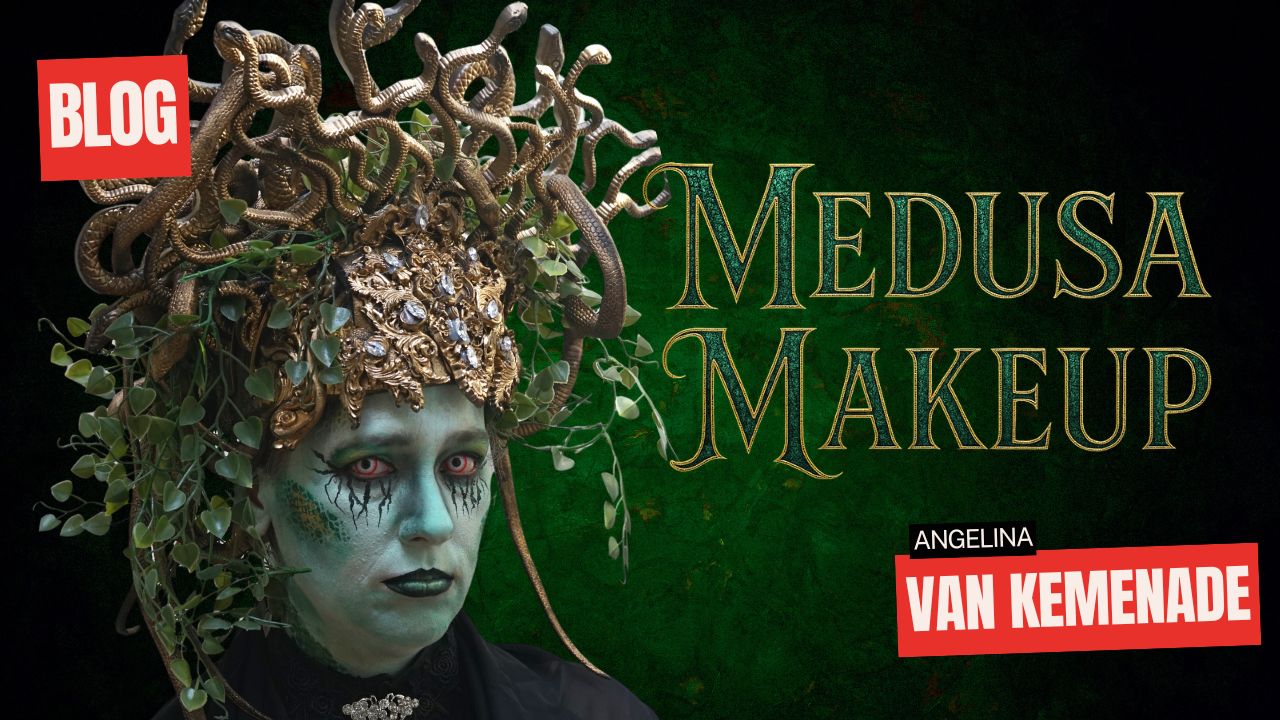 Medusa Makeup voorbeeld met slangen headpiece en groene schmink, Halloween look verkrijgbaar bij SchminkenGrime.nl